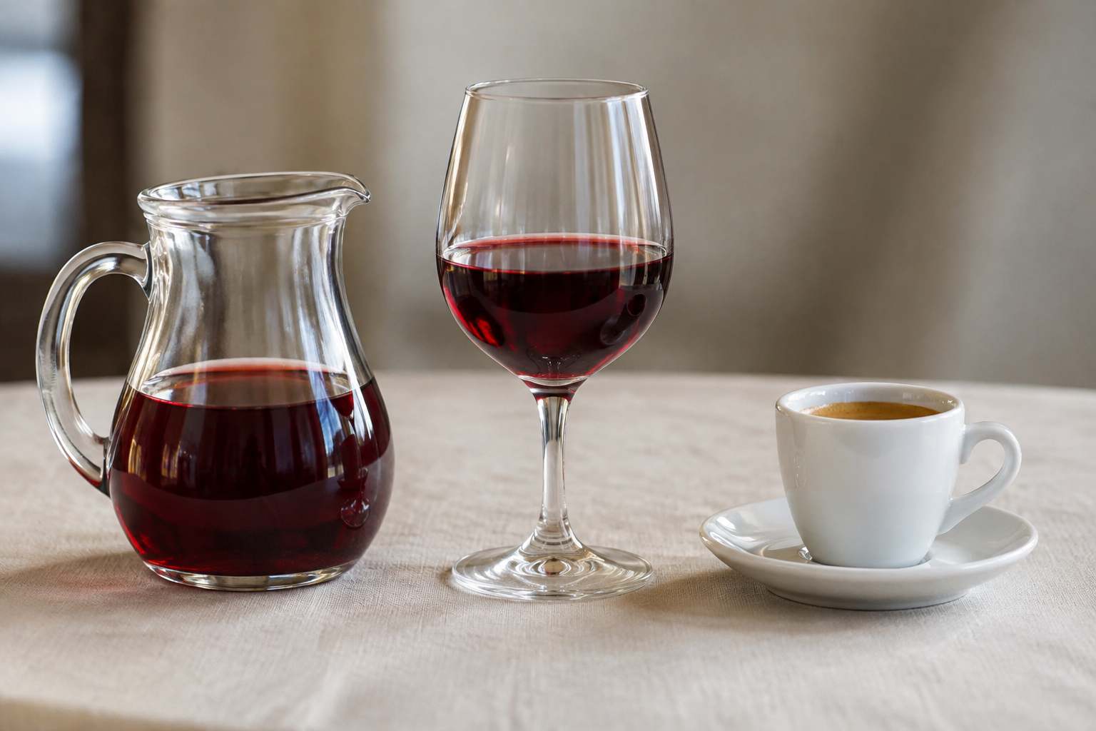 Un pichet et un verre de vin rouge accompagnés d’une tasse de café sur une table nappée, pour illustrer les boissons comprises au déjeuner.