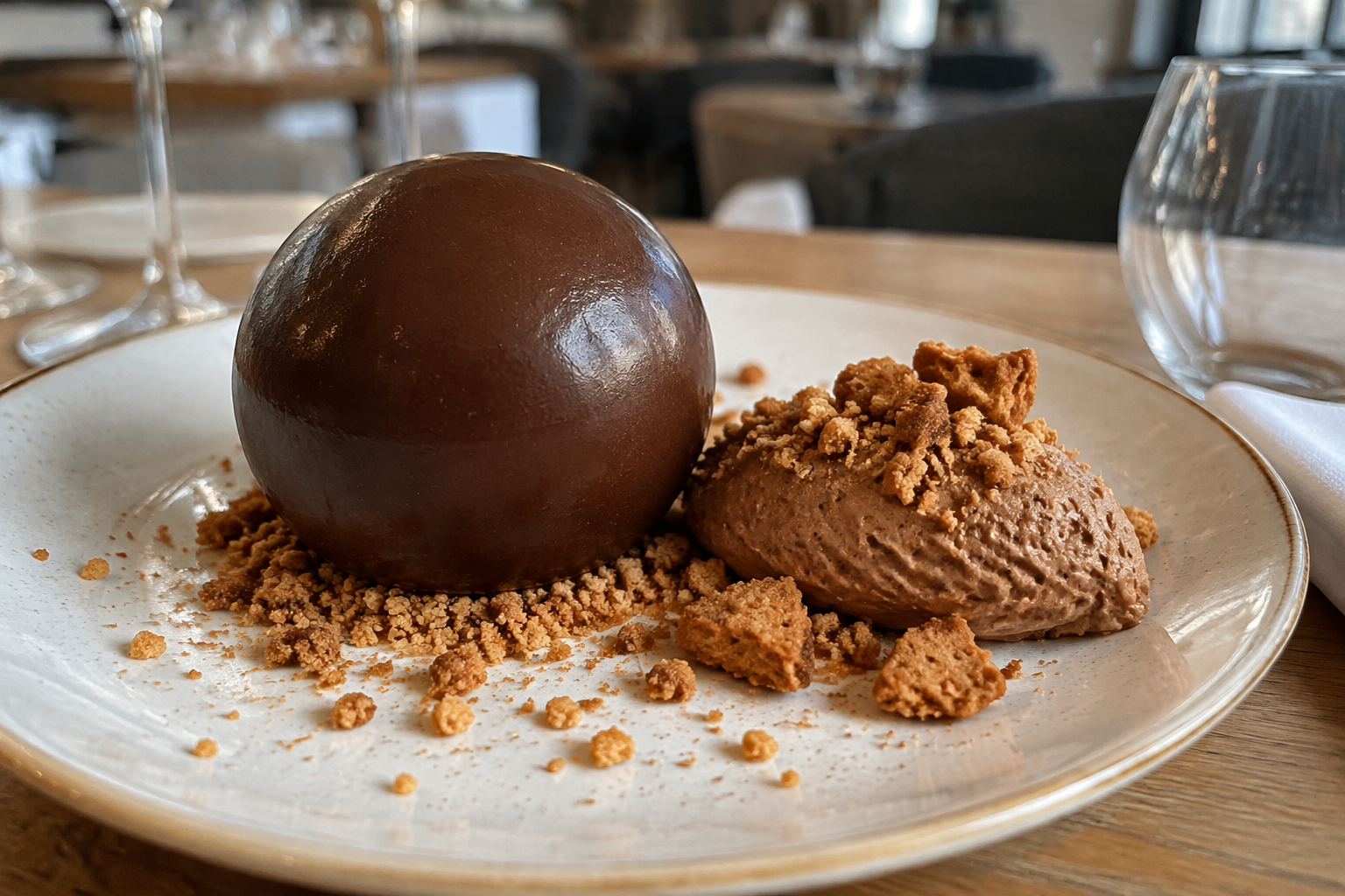 Sphère au chocolat, mousse au chocolat et éclats de spéculoos