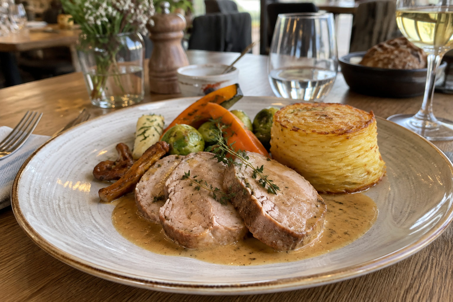 Veau primeur des Pyrénées, buisson de pommes de terre et légumes de saison